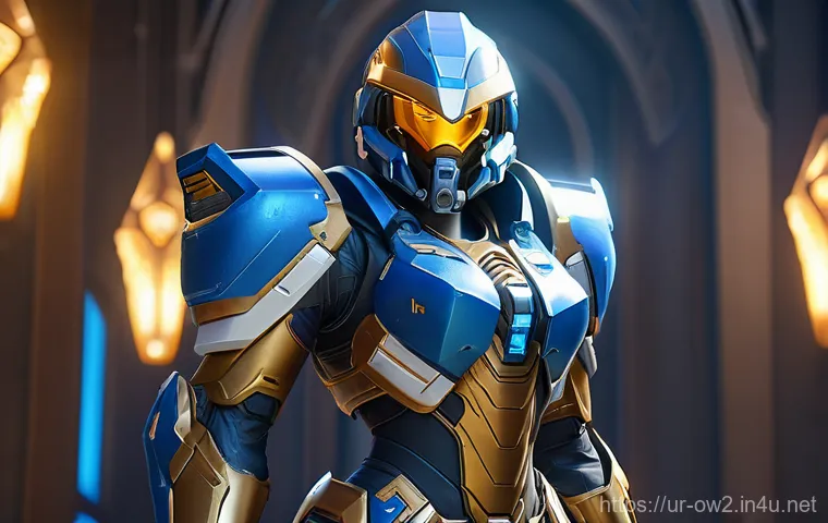 오버워치2 배틀패스 혜택 분석 - **Prompt:** A heroic Overwatch 2 character, Pharah, stands confidently in a futuristic, grand hall, ...