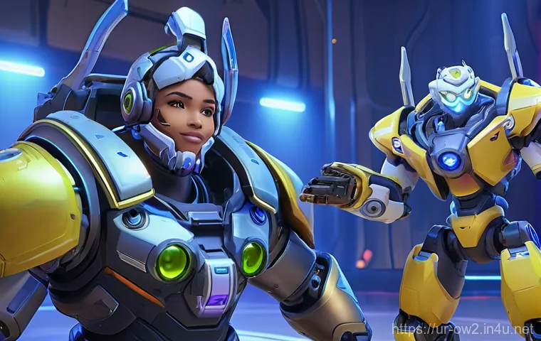 오버워치2 배틀패스 혜택 분석 - **Prompt:** A dynamic action shot of Overwatch 2 hero Tracer, dashing through a vibrant, neon-lit fu...