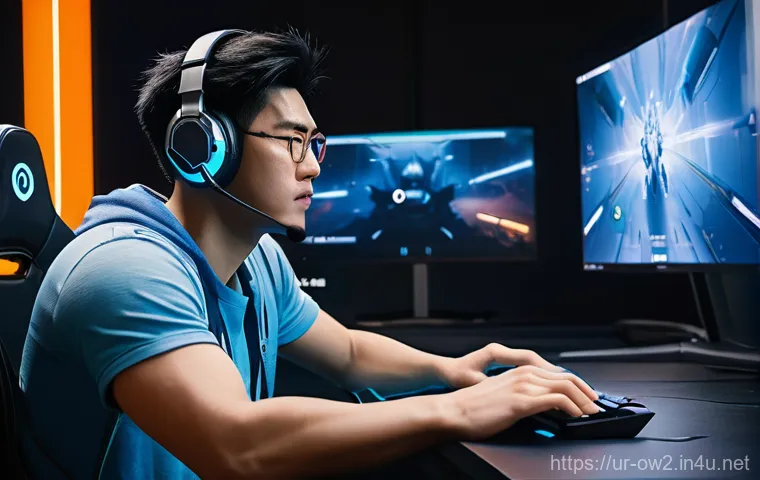 오버워치2 아시아 서버 현황 - **Prompt 1: The Frustration of High Ping in Overwatch 2**
    "A lone East Asian gamer, male, in his...