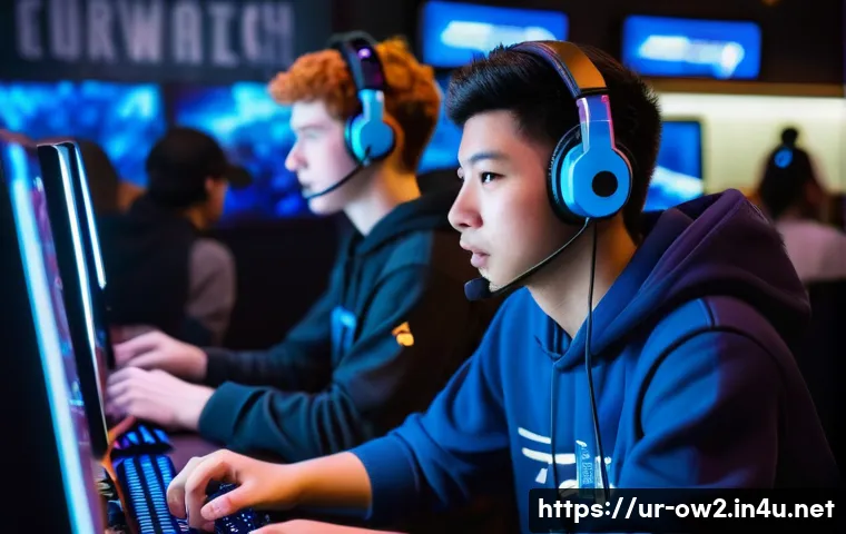 오버워치2 비공식 대회 정보 - **Prompt:** A diverse group of young adults, three men and two women, aged 18-25, intensely focused ...