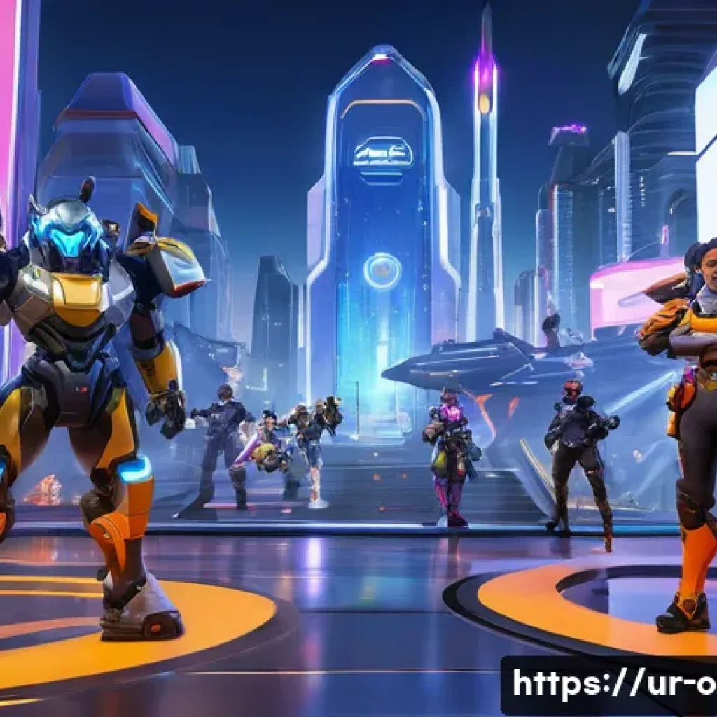 오버워치2 무료 체험 이벤트 - A dynamic Overwatch 2 battle scene set in a vibrant futuristic cityscape during a free event, featur...