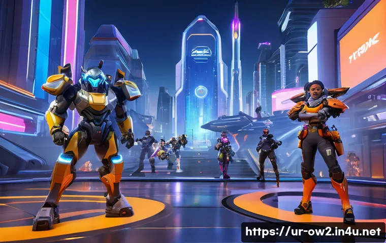 오버워치2 무료 체험 이벤트 - A dynamic Overwatch 2 battle scene set in a vibrant futuristic cityscape during a free event, featur...