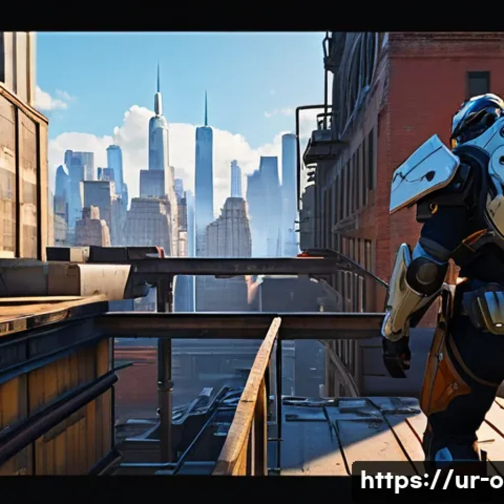 오버워치2 맵별 숨겨진 길과 위치 - A detailed, immersive Overwatch 2 map scene showcasing a hidden rooftop path in New York. The image ...