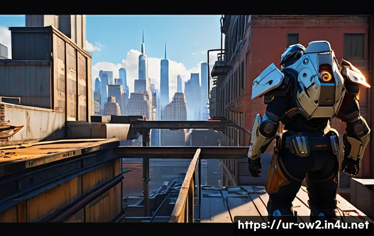오버워치2 맵별 숨겨진 길과 위치 - A detailed, immersive Overwatch 2 map scene showcasing a hidden rooftop path in New York. The image ...