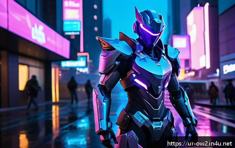 오버워치2 한정판 스킨 리스트 - A futuristic, neon-lit warrior inspired by Genji’s "Neon Knight" skin from Overwatch 2, featuring sl...