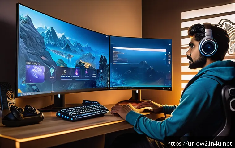 오버워치2 런처 문제 해결법 - A detailed digital illustration of a modern gaming setup in a cozy room designed for a Pakistani Urd...